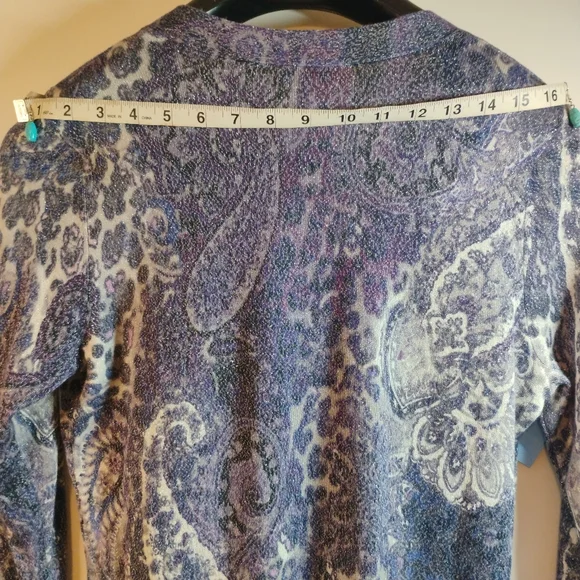 Chico’s Cardigan Size 1 Blue Purple Paisley Button Front Stretch Top - Picture 7 of 10